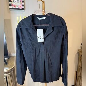 Zara Textured Black Collared Blouse